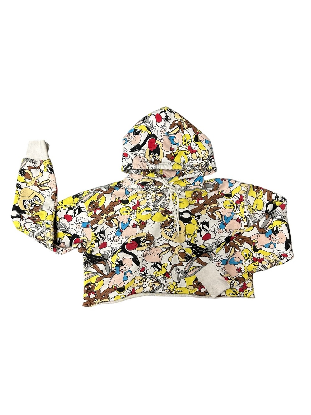 Looney Tunes Cropped Hoodie Sweatshirt All Over Cartoon Print Size Small